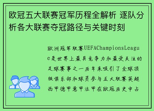 欧冠五大联赛冠军历程全解析 逐队分析各大联赛夺冠路径与关键时刻