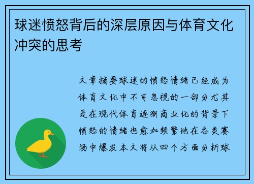球迷愤怒背后的深层原因与体育文化冲突的思考